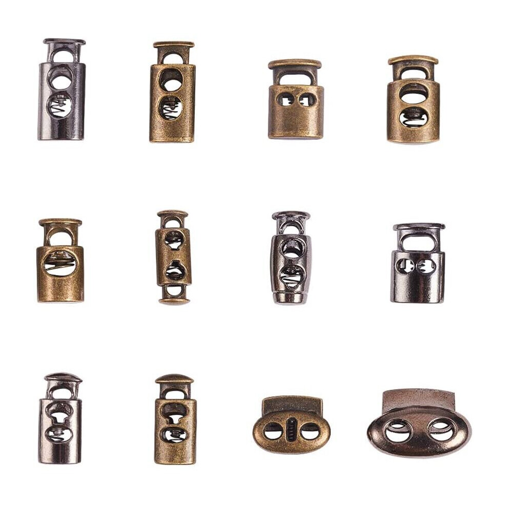 1Box 24Pcs 12 Styles Alloy Toggle Stoppers Single Double Hole Spring Loaded Stop Sliding Cord Fastener Locks Buttons For Diy Backpacks Shoelace Replac 885664603169