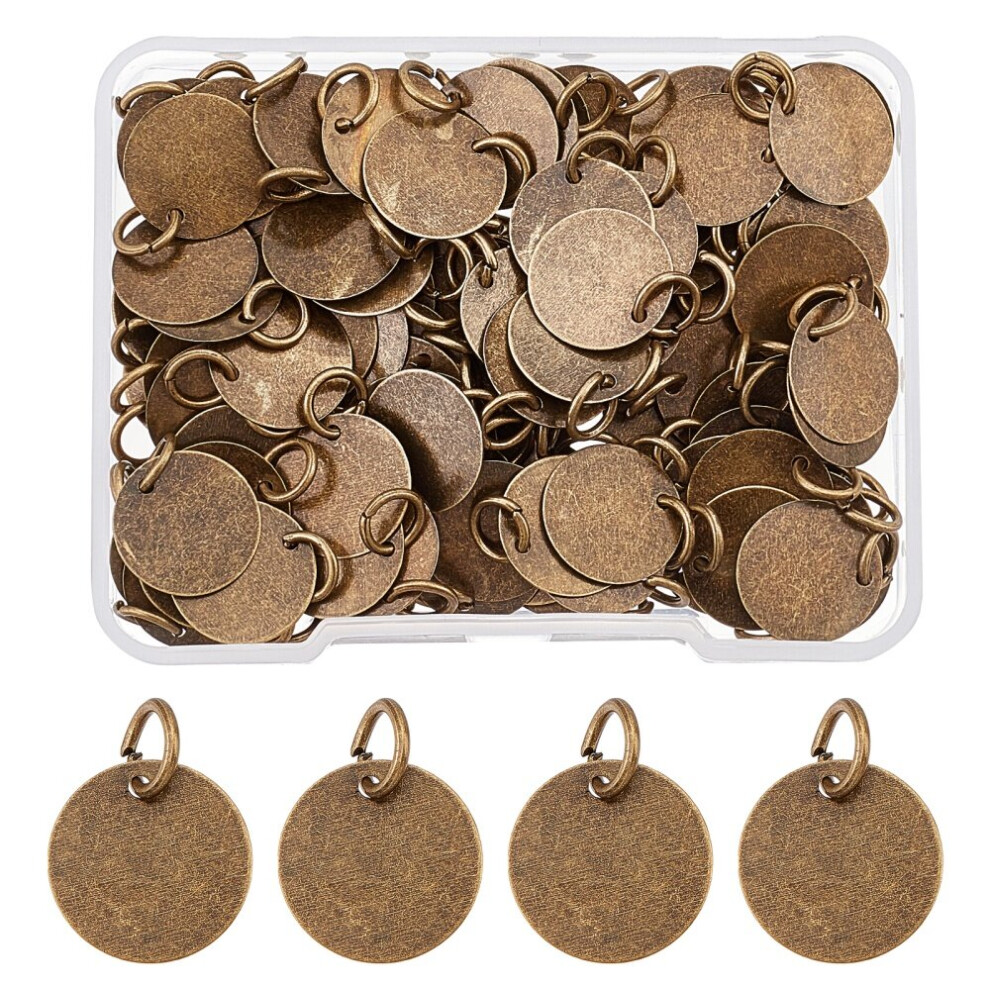 1 Box Of 100 Antique Blank Stamping Tags, 12Mm Round Charms With Jump Rings For Jewelry Making Bronze
