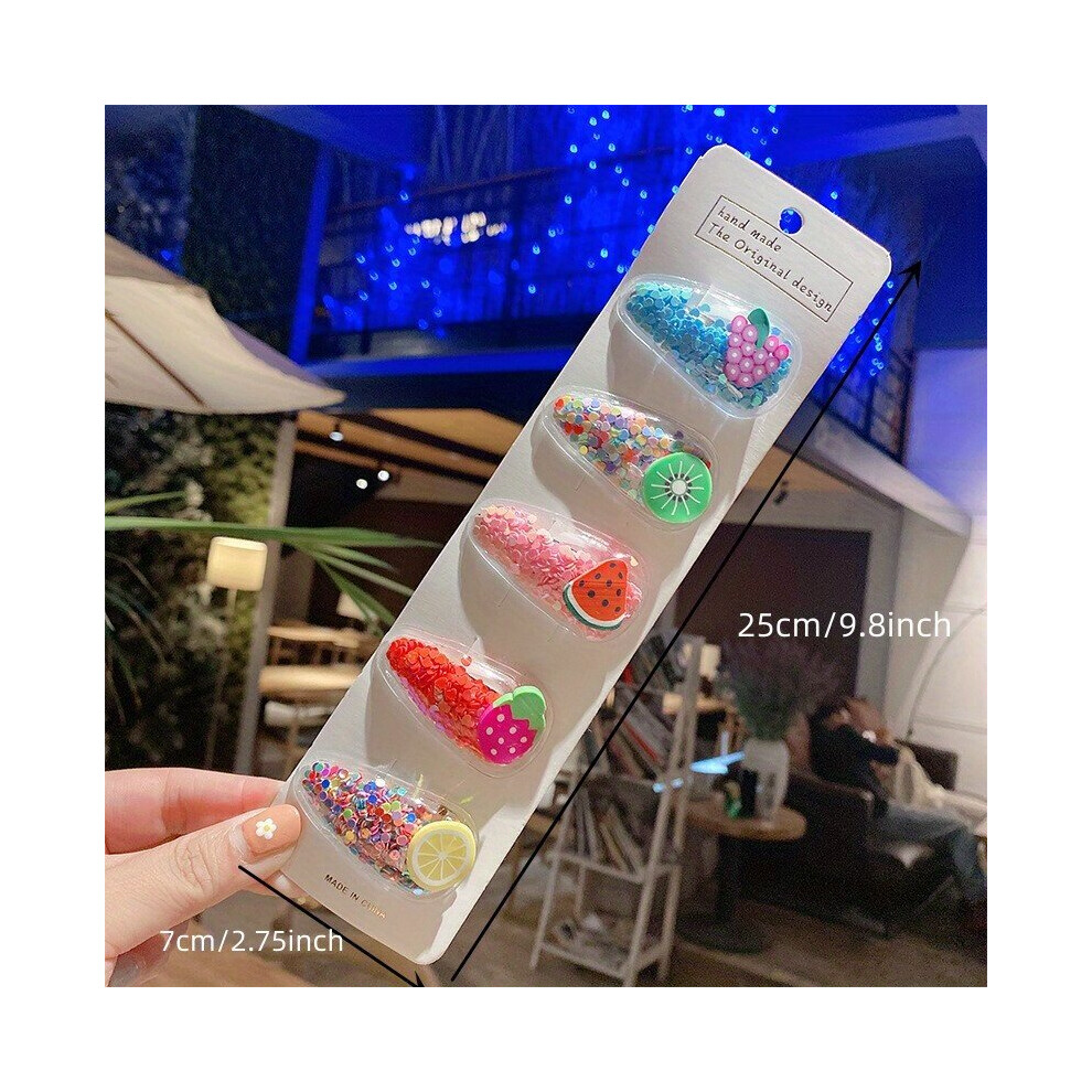 5 Pcs Snap Hair Clips For Girls Sparkle Fruit Transparent Hair Clips Quicksand Bling Sequin Hairpins Sweet Barrette Styling Accessories Gift For Child-image-OPC-PC6DYSG-NEW