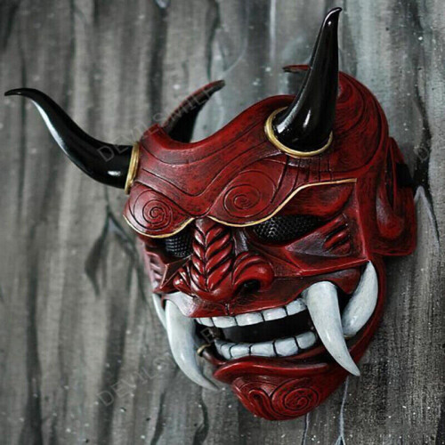 (  Red) Japanese Ghost Hannya Halloween Masquerade Mask Prajna Half Face Masks Samurai