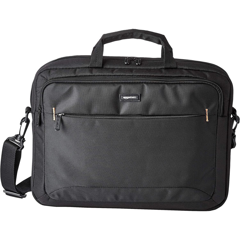 Amazon Basics Compact 15.6-Inch Laptop Shoulder Bag Carrying Case with Padded Strap and Zippered Accessory Pocket, 1-Pack, Black