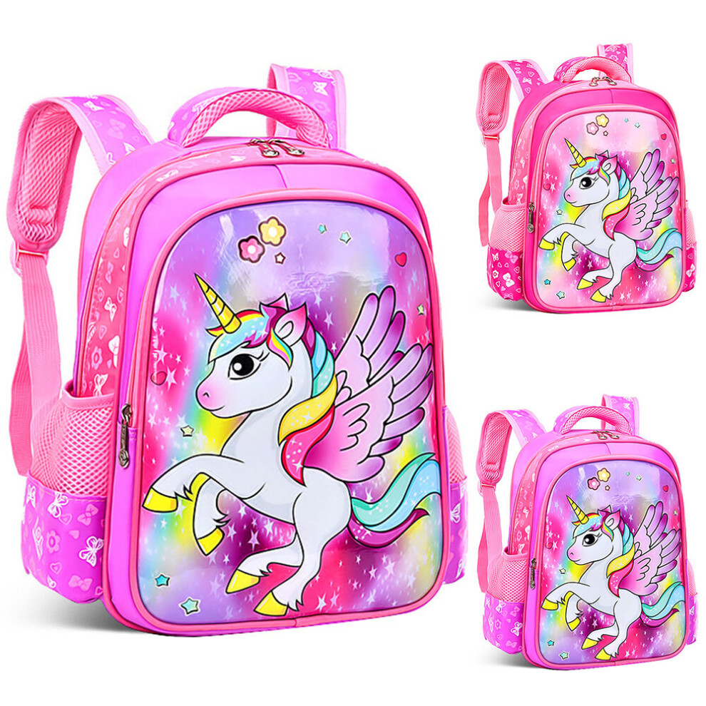 (Purple) Unicorn Theme Kids Girls Backpack Large Capacity Bookbag Student Rucksack Kindergarten Travel Outdoor Schoolbag Gift