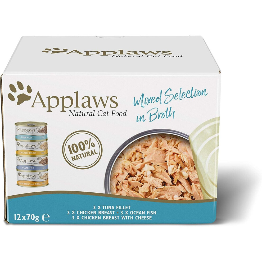 Applaws Natural Wet Cat Food, Multipack Chicken And Fish Selection In Broth 70 G Tin (Pack Of 12)