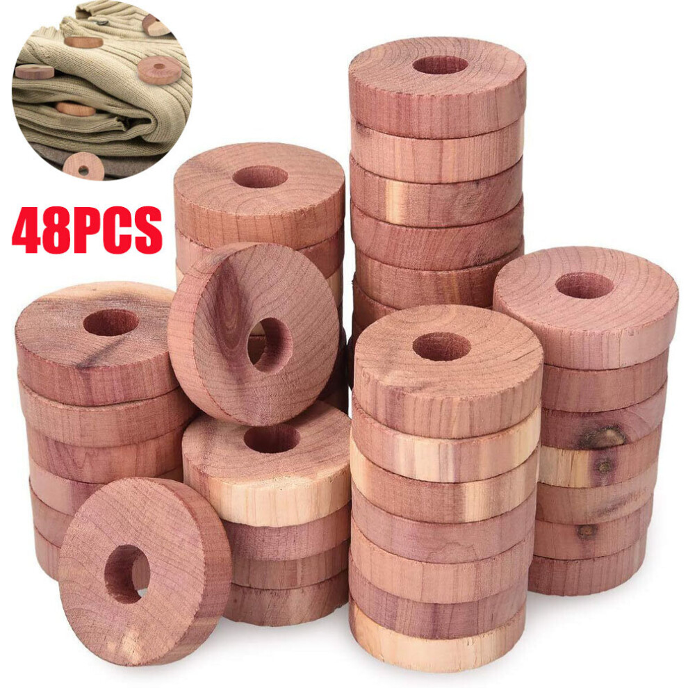 48 Natural Cedar Wood Rings Moth Repellent for Clothes Wardrobe Drawer