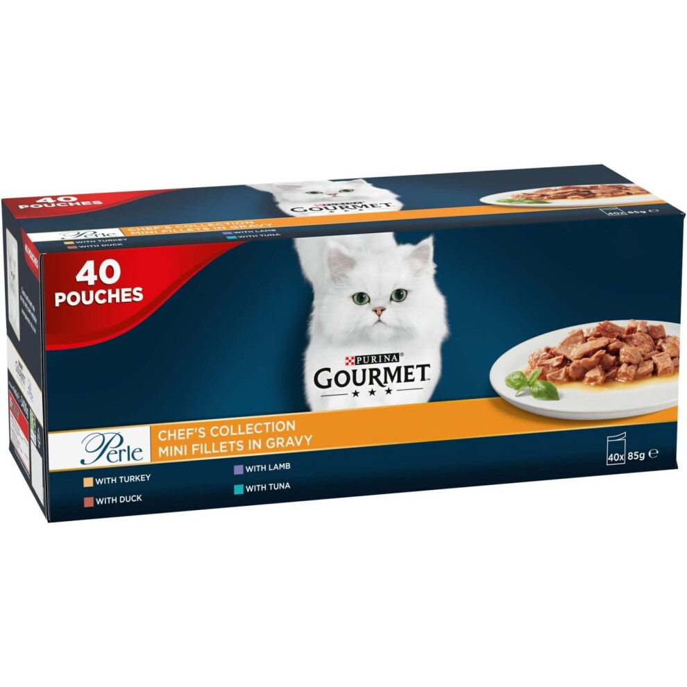 Gourmet Wet Cat Food Pouches  Perle Chef's Collection 40 x 85g Mix Fish Lamb Duck Turkey Pet Food Wet Bulk Food Cat Wet Food suitable Adult Senior Cat