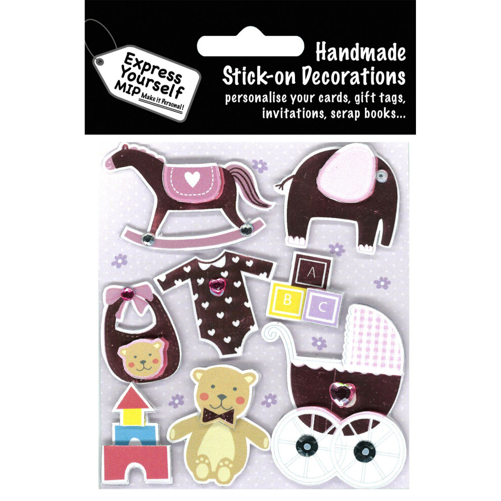 Baby Girl Pink Pram & Toys DIY Greeting Card Toppers Stick-On Craft Decorations