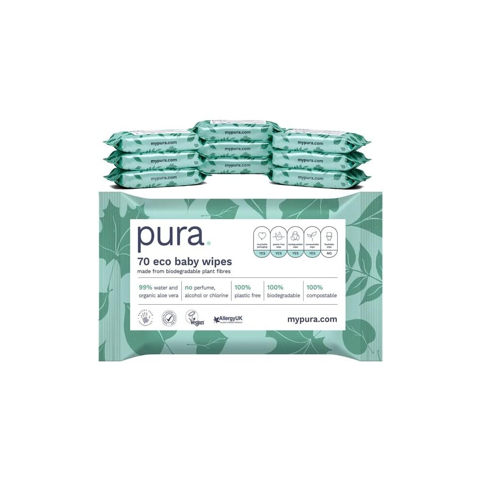 Pura Eco Friendly Baby Wipes 10 x 70 per pack,700Wet Wipes100% Plastic 99% Water,Biodegradable,Compostable,Vegan Monthly Pack, Suitable Sensitive Ecz