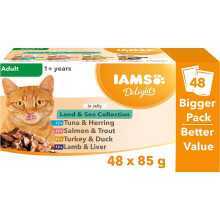 IAMS Delights Complete Wet Cat Food for Adult 1+ Cats Meat and Fish Variety in Jelly Multipack 48 x 85 g Pouches