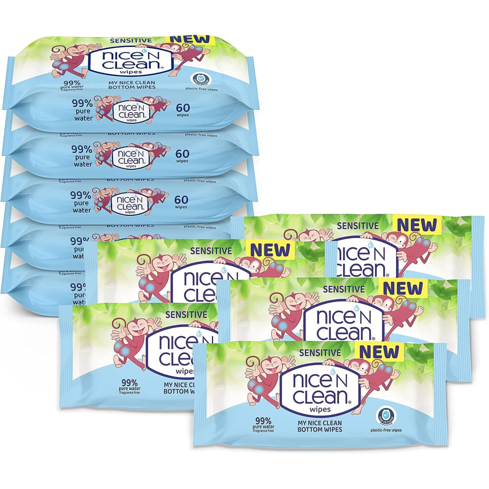 Nice 'N CLEAN My Nice Clean Bottom Wipes Flushable Wipes Toddlers,Plastic free Suitable Sensitive Skin,Biodegradable Wipes Kids 60Wipes x 10 packs 600