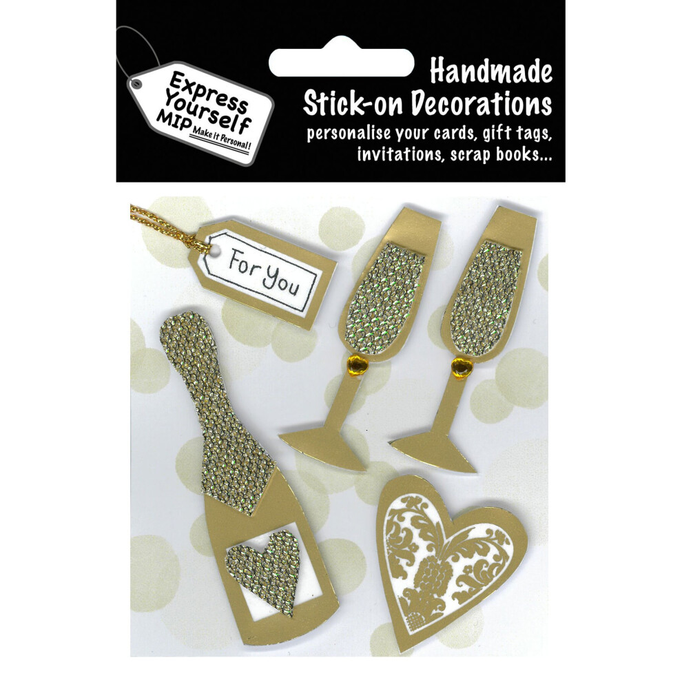 Gold Champagne & Heart DIY Greeting Card Toppers Stick-On Craft Decorations