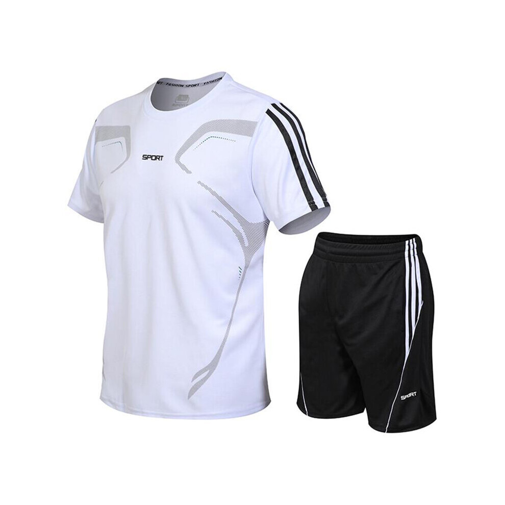 (White, M) Running Men Sport Set Short Sleeveshorts 2pcs Breathable Jogging Suit Fitness
