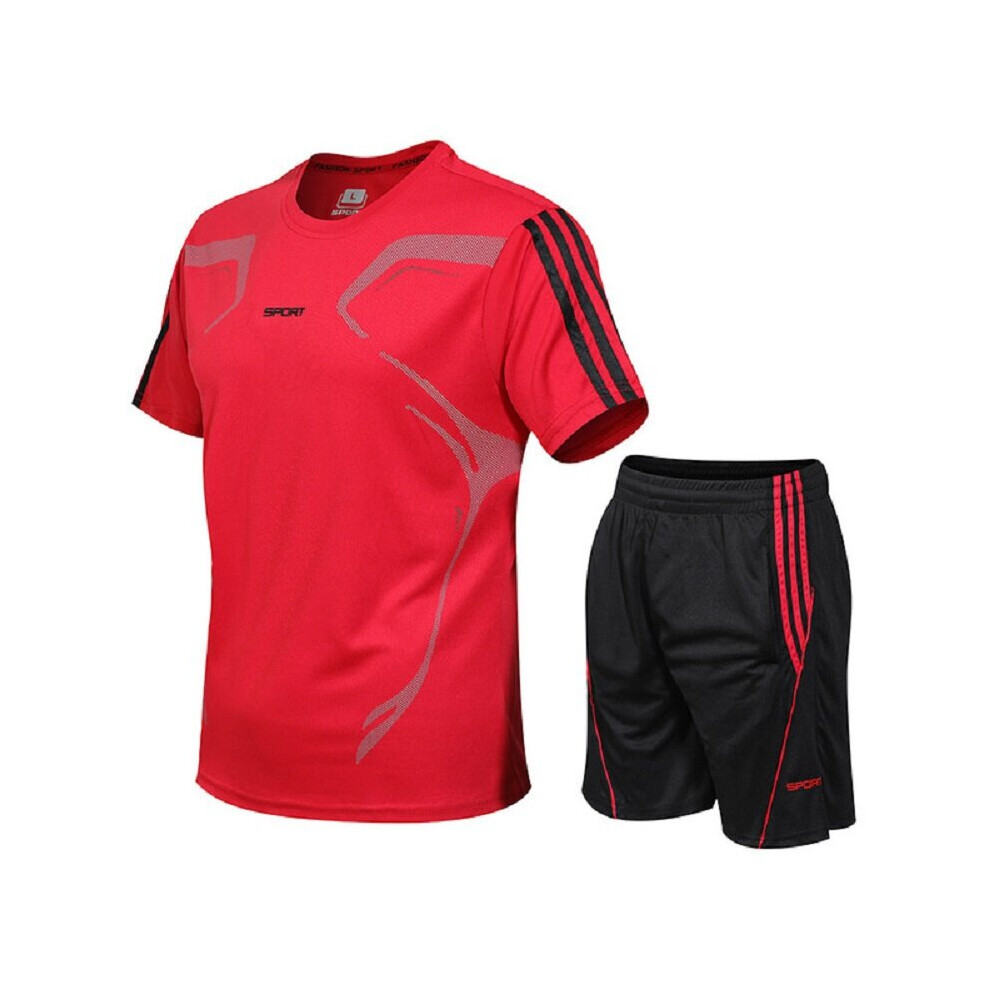 (Red, 3XL) Running Men Sport Set Short Sleeveshorts 2pcs Breathable Jogging Suit Fitness