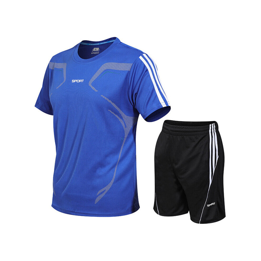 (Blue, XL) Running Men Sport Set Short Sleeveshorts 2pcs Breathable Jogging Suit Fitness