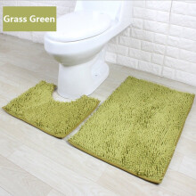 (Grass Green) Bath 2 Piece Mat Set Non Slip Toilet Pedestal Soft Foam Shaggy Rug Chenille