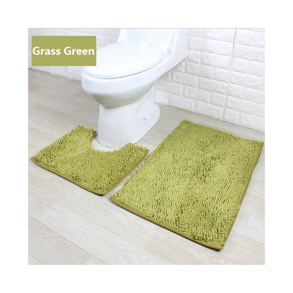 (Grass Green) Bath 2 Piece Mat Set Non Slip Toilet Pedestal Soft Foam  Shaggy Rug Chenille