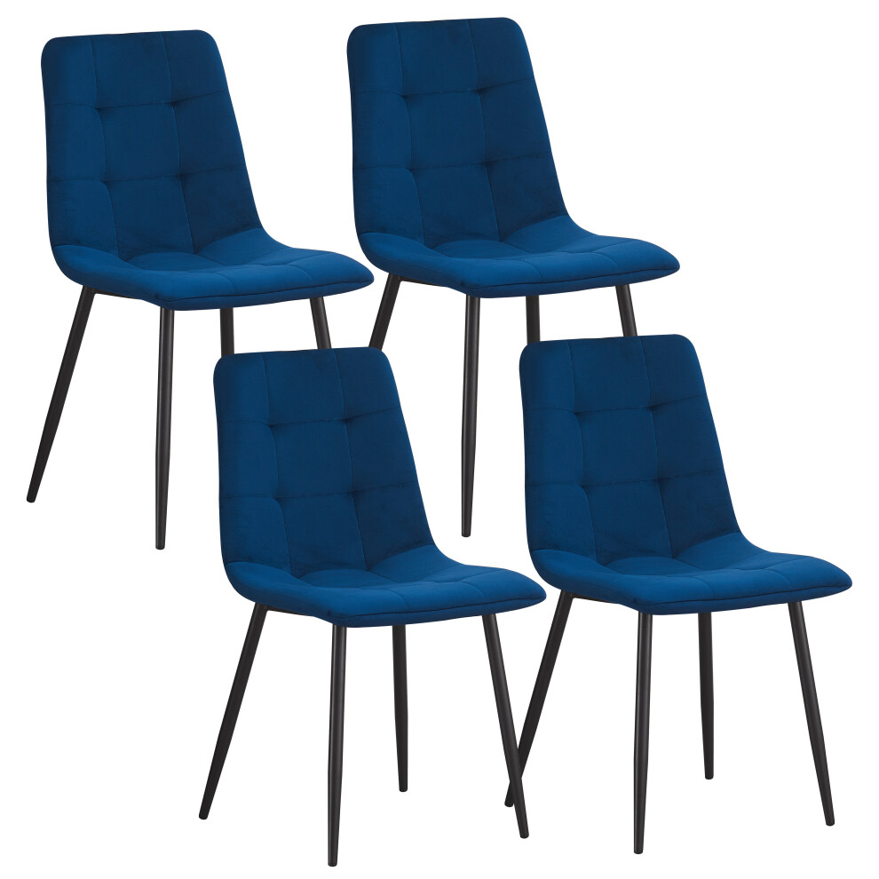 (Navy blue-Check) Set 4 Velvet Dining chairs Black Metal legs with Backrest Padded seat