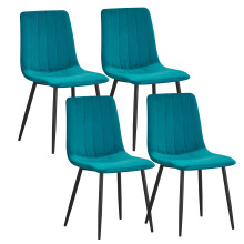 (Teal-strip) Set 4 Velvet Dining chairs Black Metal legs with Backrest Padded seat