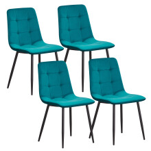 (Teal-check) Set 4 Velvet Dining chairs Black Metal legs with Backrest Padded seat