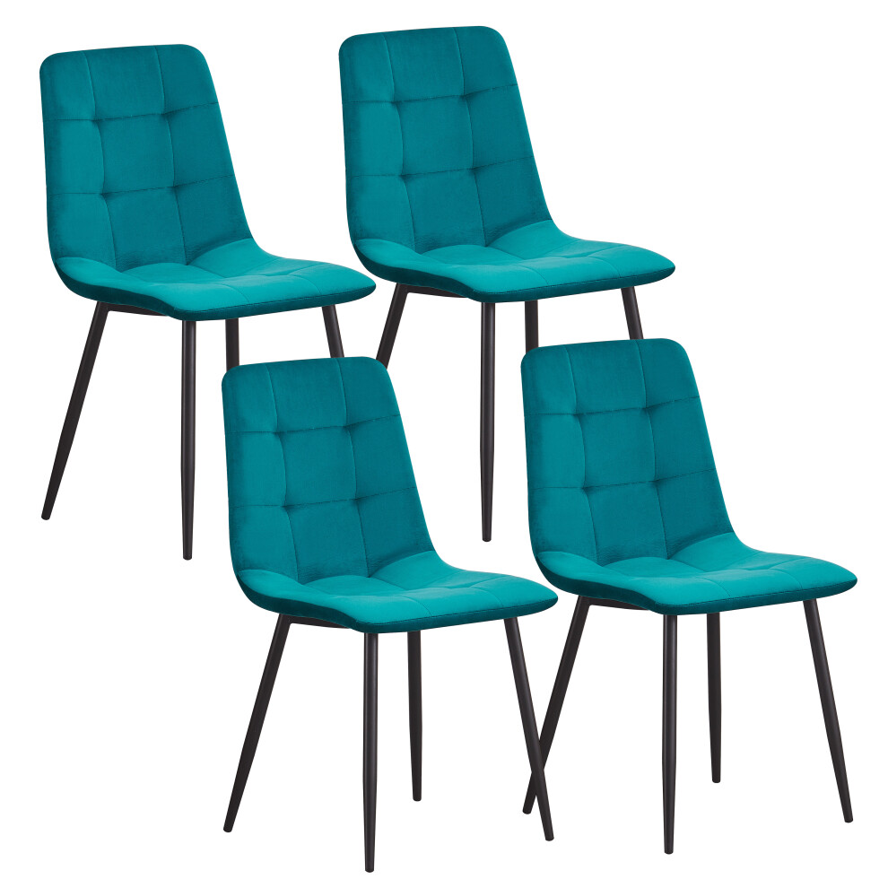 (Teal-check) Set 4 Velvet Dining chairs Black Metal legs with Backrest Padded seat