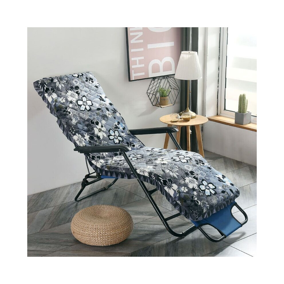 (Gray Flower, 170*52cm/67*20in) Washable Flannel Deck Chair Cushion Thick Padded Flowers Print Lounger Mat Patio