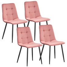 (Pink-check) Set 4 Velvet Dining chairs Black Metal legs with Backrest Padded seat