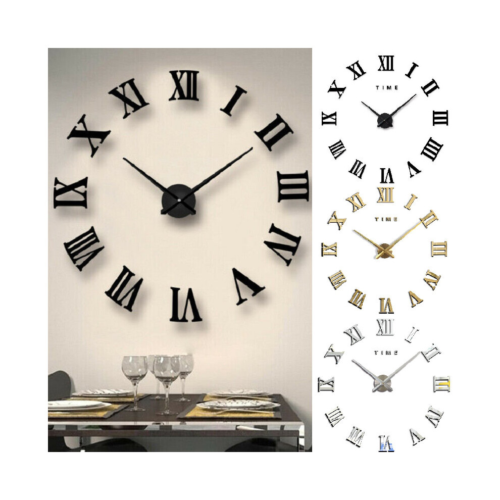 3d Extra Diy Large Roman Numerals Luxury Mirror Wall Sticker Clock Decor Home
