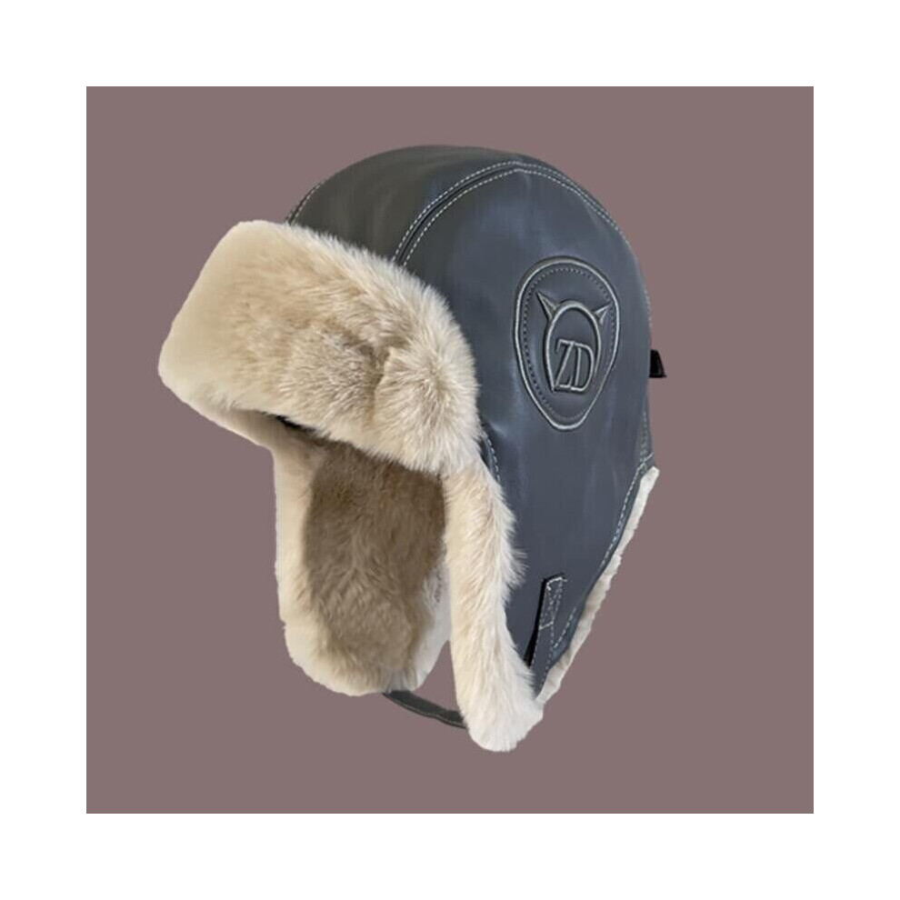 Mdsrjone ( Grey) Aviator Pilot Leather Ushanka Winter Russian Ski Fur Thickened Windproof Cap