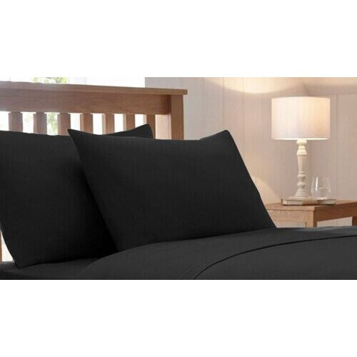 (Black Pillowcase Only) Plain Fitted Sheet Black Single Double King Size Bedsheet 25cm Deep UK 1