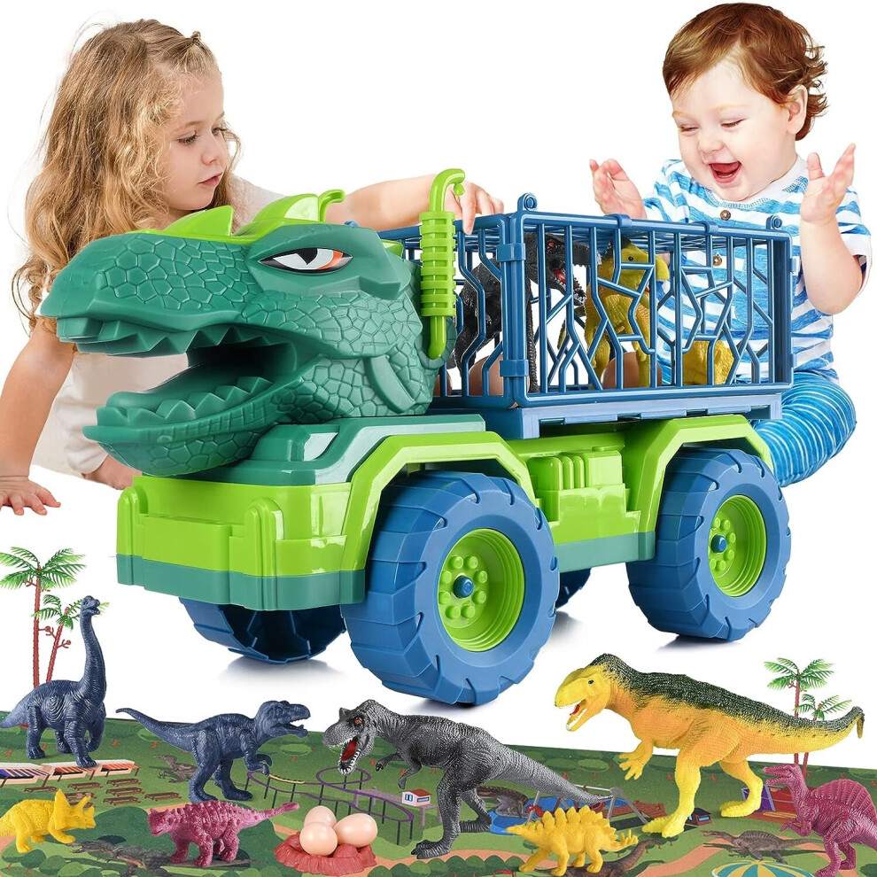 Dinosaur Truck Playset,Large Tyrannosaurus Vehicle 8 Jurassic Dinosaurs,Activity Play Mat,Dinosaur Eggs,Car Toys 3 4 5 Years Old Boys Girls Kids Gifts