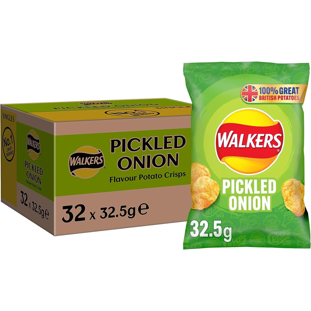 Walkers Crisps Pickled Onion Crisps Box, 32.5 g (Case of 32)