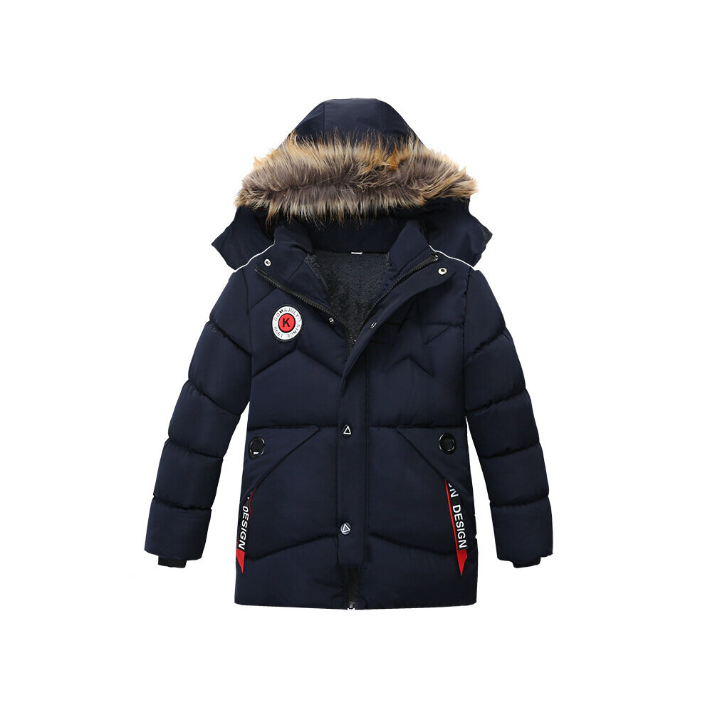 (Blue, 2-3 Years) Kids Boys Fur Coat Padded Winter Hooded Jacket UK