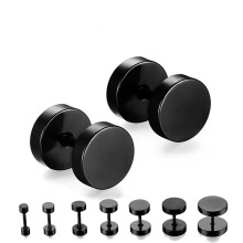 (3 mm) Pair Black Flat Round Barbell Plug Stud Earrings 316 Stainless Steel Mens Unisex