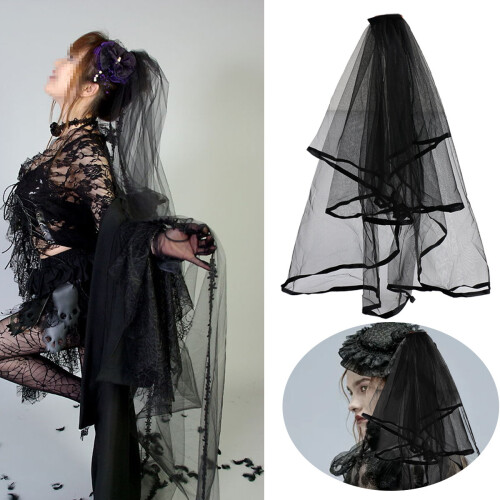 Black Bridal Wedding Veil Satin Edge Double Layer with Comb Halloween Makeup