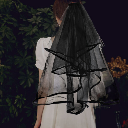 Black Bridal Wedding Veil Satin Edge Double Layer with Comb Halloween Makeup 1