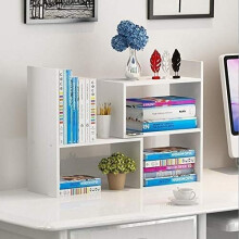Wood Adjustable Bookshelf Bookcase, Expandable Desktop Storage Organizer Display Shelf Rack, Office Supplies ,White