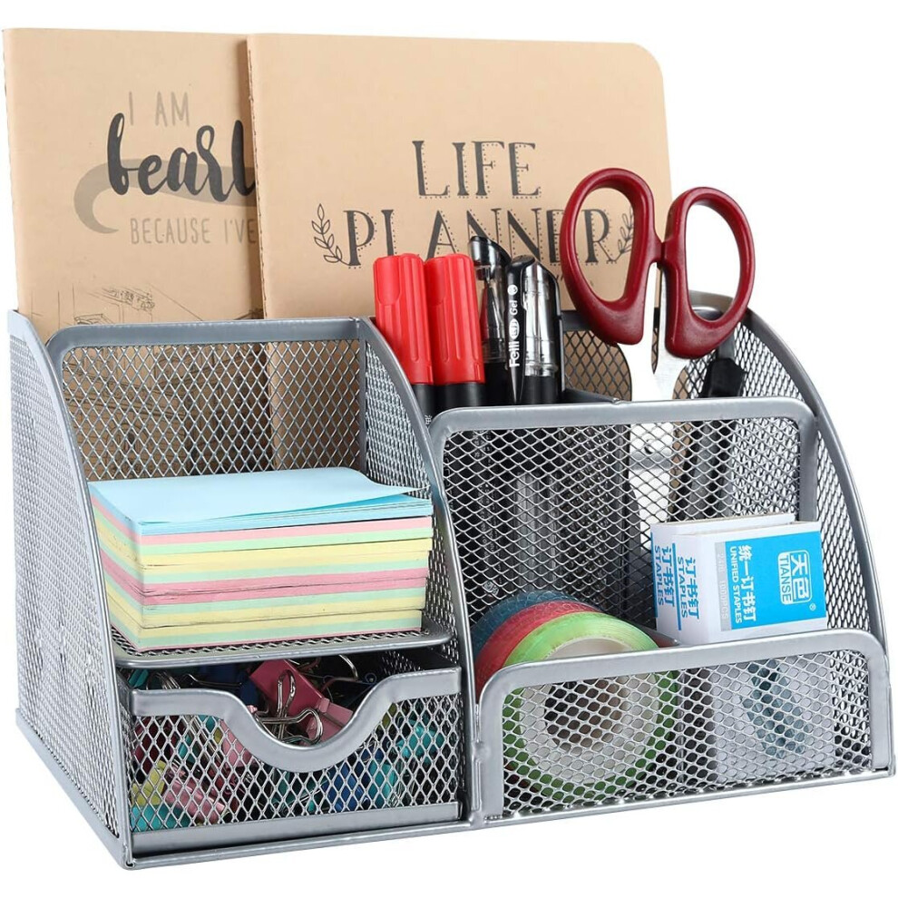 Office Mesh Desk Tidy Versatile Stationery Storage Desktop Organiser Pen Holder with Drawer,Silver-image-OPC-PC6RB27-NEW