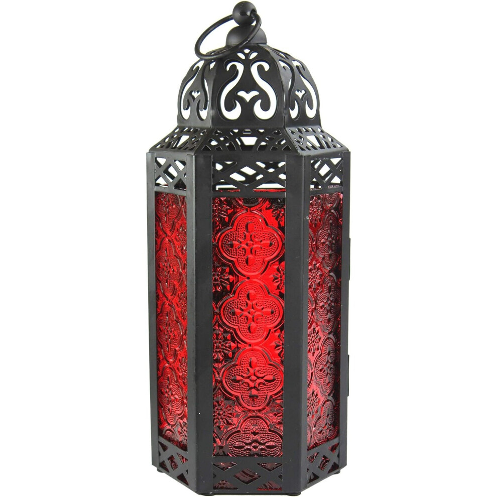 Lamp Lantern Decorative Candle Holder for Indoor Outdoor Home Decor, Red Glass, Medium