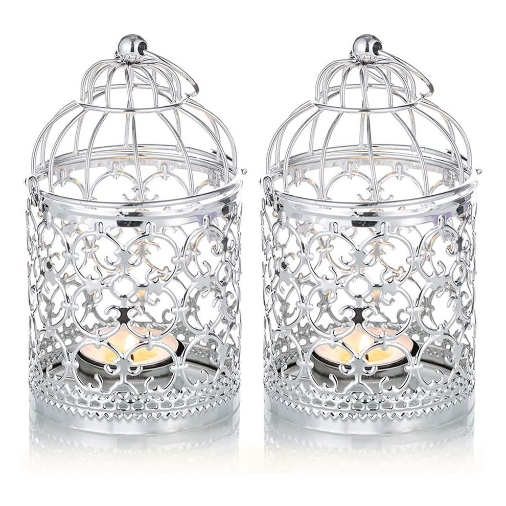 2 Pcs Decorative Candle Lanterns Bird Cage Metal Hollow Out Decorative Birdcage Iron Christmas Candle Holder  Silver