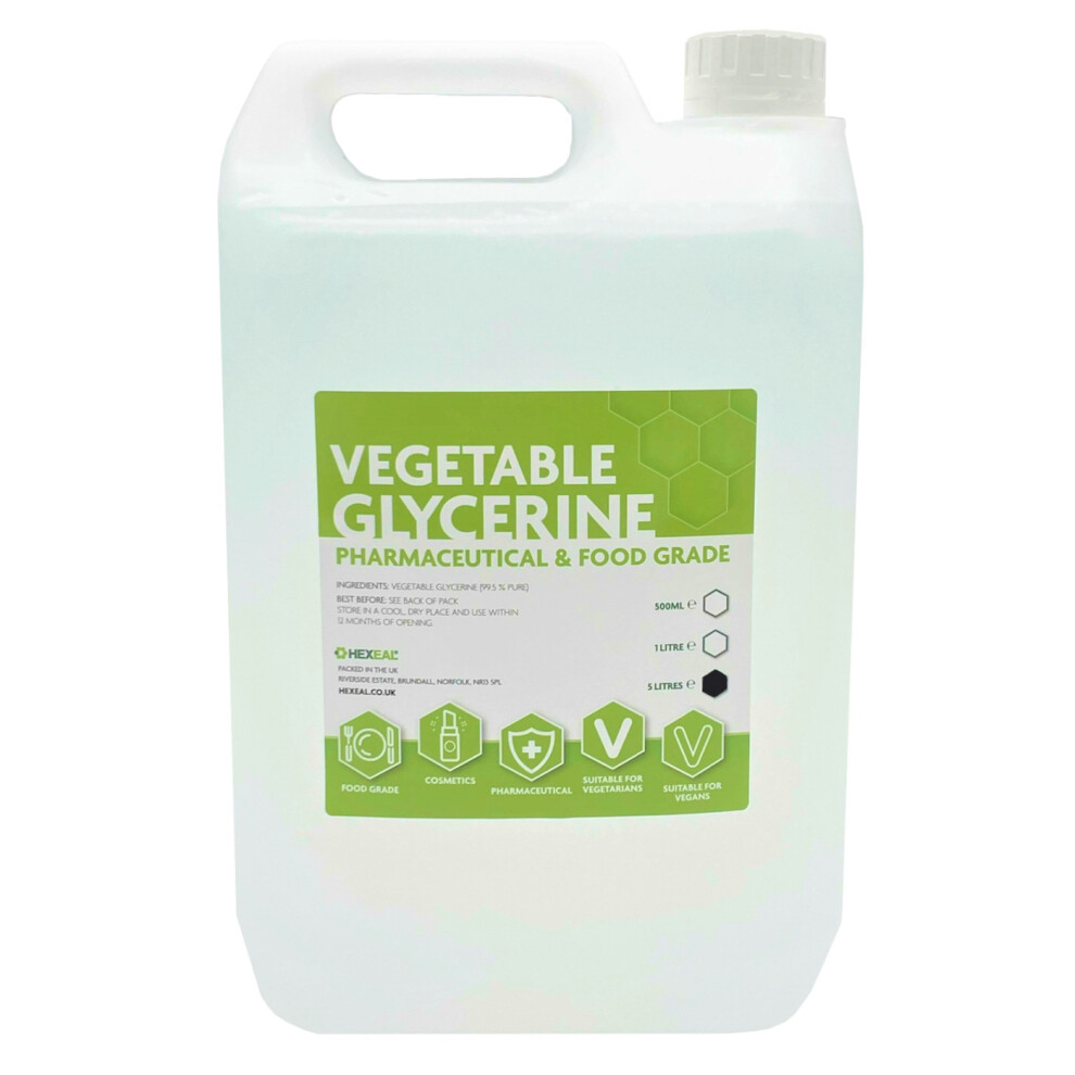 Hexeal Vegetable Glycerine | 5L | 100% Vegan & Natural | Pharmaceutical & Fcc Food Grade Clear