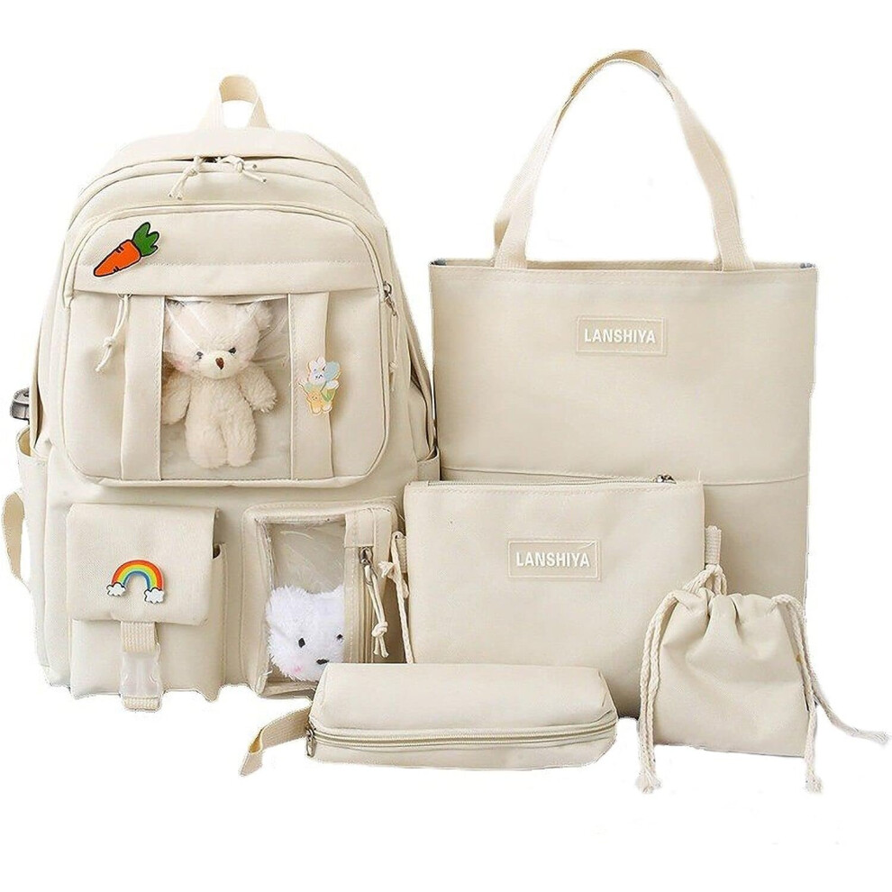 (A White) Kawaii Backpack 5Pcs Set for Student with Cute Bear Accessories - School Bags for Teen Girls Back to School Supplies