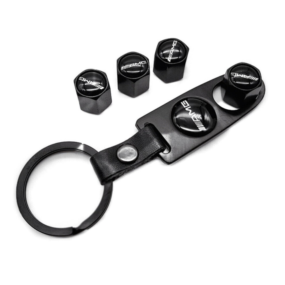 4Pcs Benz Amg Logo Emblem Valve Stem Caps With Keyring Spanner Black 4754135864827