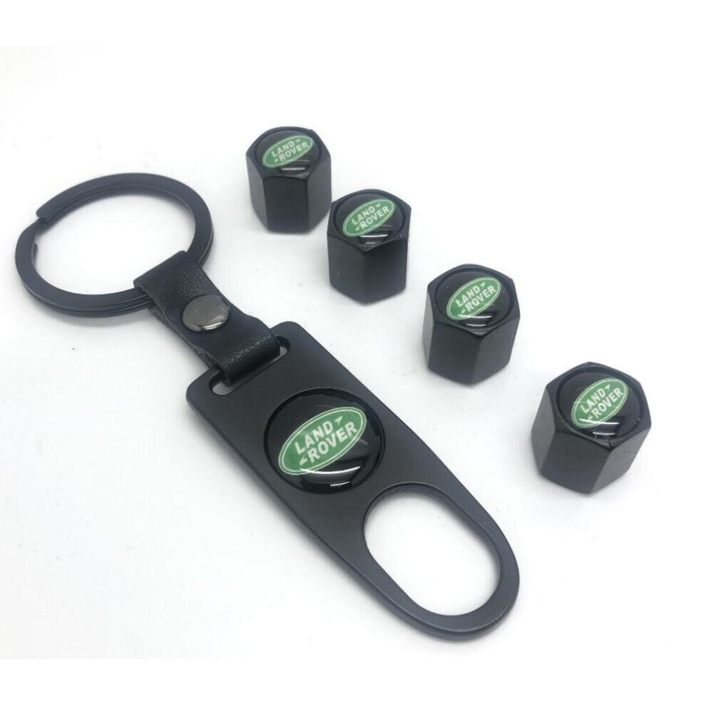 4Pcs Land Rover Logo Emblem Valve Stem Caps With Keyring Spanner Black 4754135864834