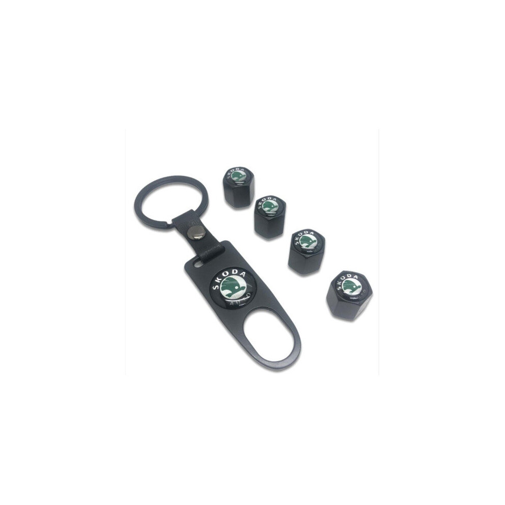 4Pcs Skoda Logo Emblem Valve Stem Caps With Keyring Spanner Black 4754135864841
