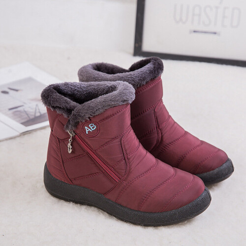(Red, EU41) Warm Winter Women Shoes Snow Boots Furlined Slip On Warm Ankle Shoes Waterproof