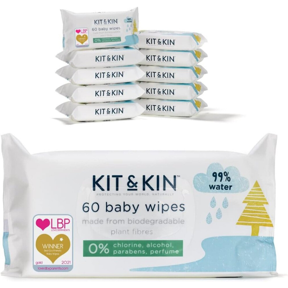 Kit & Kin Biodegradable Baby Wet Wipes  Plastic-Free & 99% Water  0% Chlorine Every Pack Helps Protect Rainforests 10 x 60 Pack - 600 Wipes