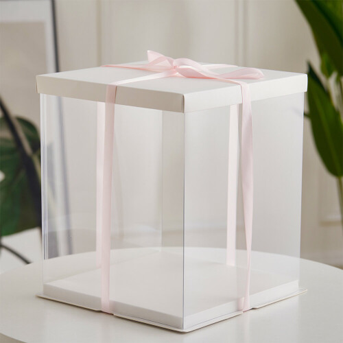 Living And Home (34cm W x 34cm D x 37cm H) Clear Plastic Cake Gift Box with Ribbon