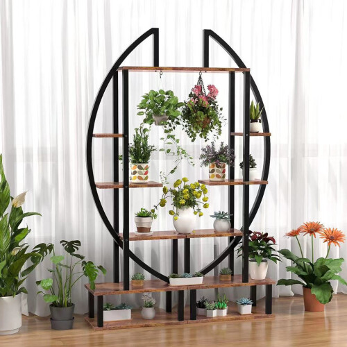 Living And Home 2 Pcs Rustic Brown Crescent Wood Tiered Plant Stand 1