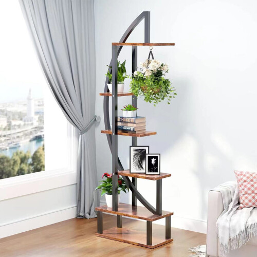 Living And Home 2 Pcs Rustic Brown Crescent Wood Tiered Plant Stand 2