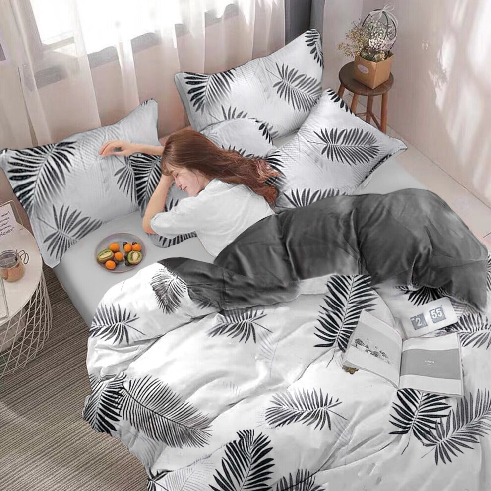 (White Leaf, King: 230 x 220 cm) Anti Allergic Duvet Quilt Cover Printed Reversible Bedding Set