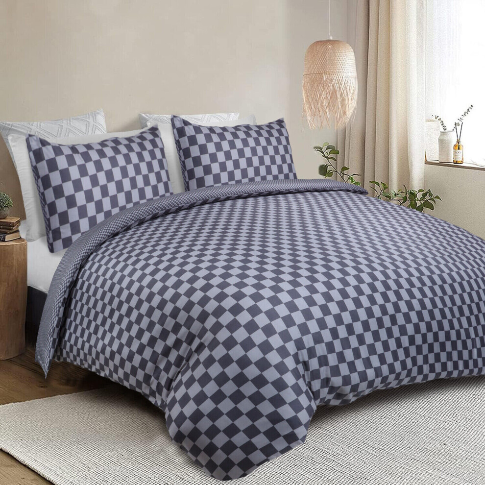 (Grey Chess, King: 230 x 220 cm.) Moonlight Bedding Duvet Quilt Cover Reversible Printed Single Double King Size Bedding Set